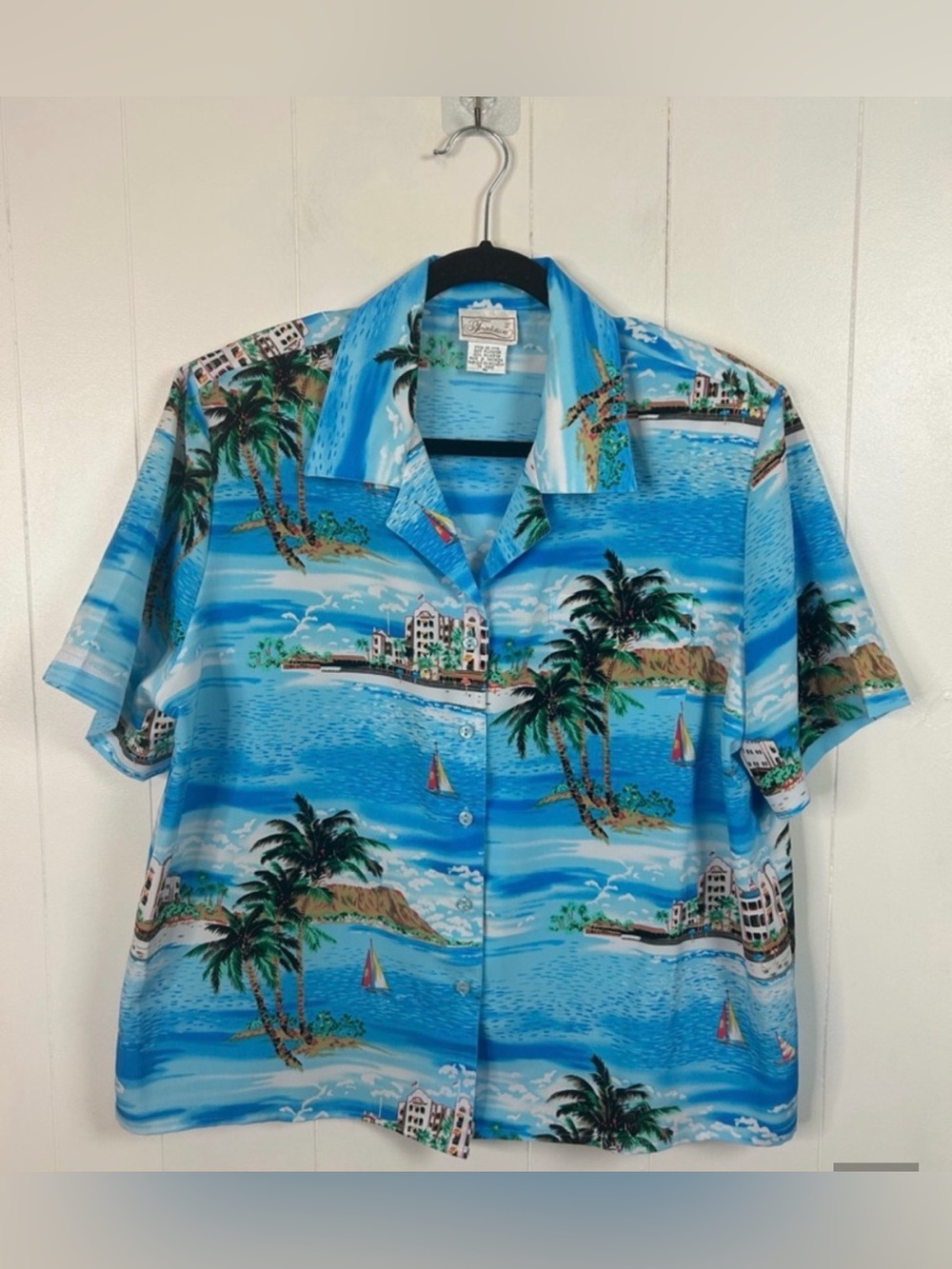 Vintage Hawaiian Short Sleeve Shirt Blue Tropical Button Down Top Womens Large